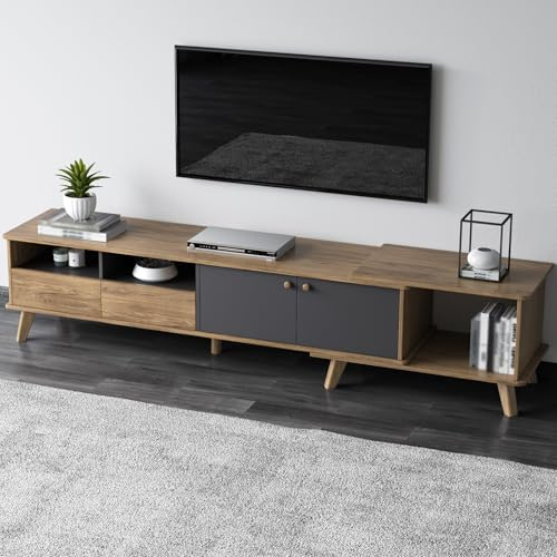 Miuuod Extendable TV Cabinet, Mid Century Modern TV Stand with Large Storage Space, 64.96- 80.7 Retracted TV Console Cabinet for TVs up to 80, Light Brown