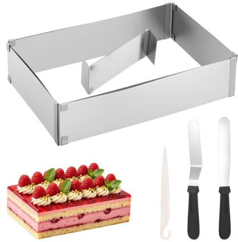 Zocipro Rechteckiger Backrahmen 8cm Hoch, 27x18cm Verstellbar Tortenring | Erweiterbar bis 52x34cm mit Teiler und 2 Spateln, Kuchenform für Torten, Kuchen, Pizza, Backen, Dekorieren und Partys