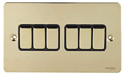 Schneider Electric GU1262BPB Ultimate Flat Plate, Polished Brass with Black Insert, 6 Gang Rocker, 2 Way Light Switch, Single Pole, 16 AX