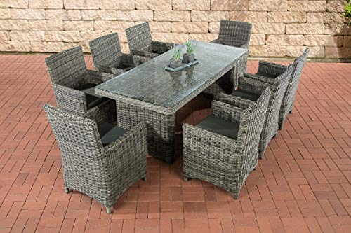 CLP Polyrattan Sitzgruppe Fontana XL Mit Polsterauflagen | Garten-Set: 1 Esstisch Mit Glasplatte Und 8 Stühle, Farbe:grau-meliert, Polsterfarbe:Anthrazit