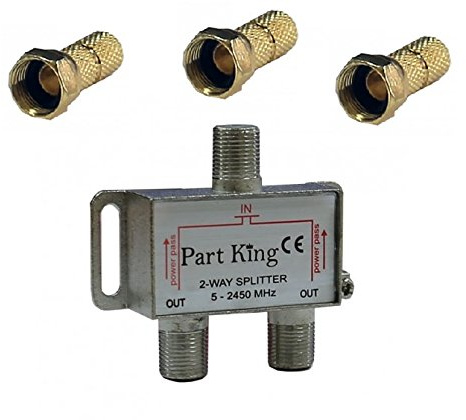 Part King 2 Way Splitter Kit with Gold Plated F Connectors - Split Aerial Freeview Cable TV etc