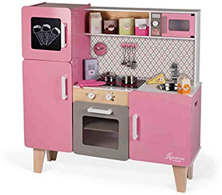 Janod - Macaron Wooden Maxi Cooker for Children - Cooker for Children Equipped with a Fridge and a Microwave - Pretend Play - 15 Accessories Included - For children from the Age of 3, J06571, Pink