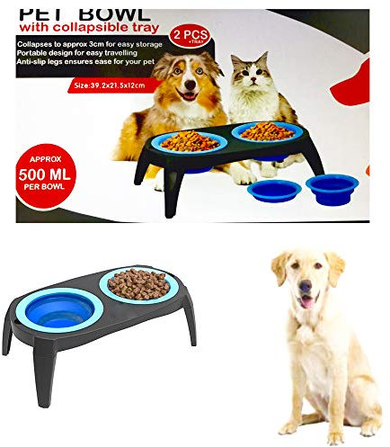 ADEPTNA Collapsible Pet Feeding Bowl Set with Foldable Tray- Easy to Clean and Anti-Slip Stand Great for Traveling Hiking Camping Home Indoor Outdoor (BLUE)