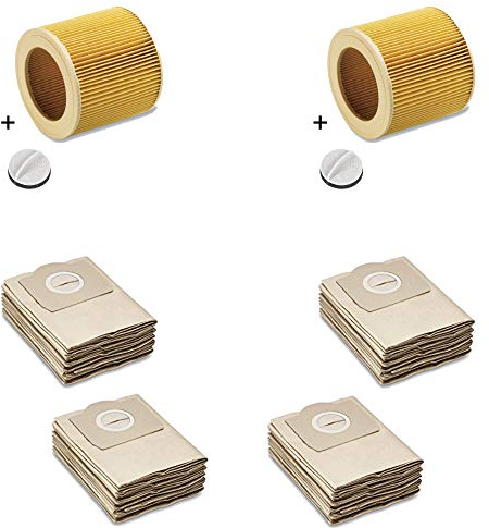 Sacs filtrants en papier comme 6.959-130.0 + filtre à cartouche en papier comme 6.414-552.0 & fermeture 4.075-012.0 compatible avec KÄRCHER WD2, WD3, MV2, MV3, A2054, A2201, etc. (20 sacs et 2 filtre)