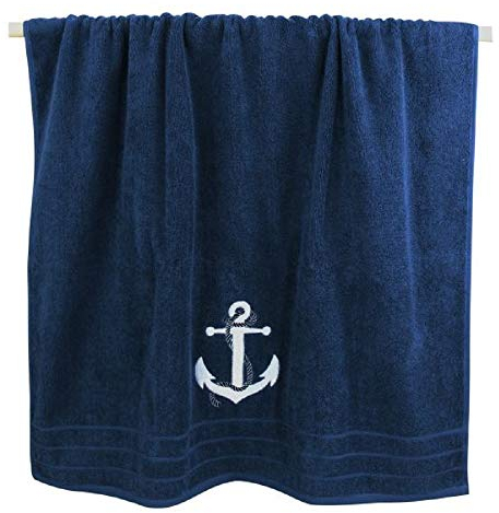 linoows Badetuch, Duschtuch, Maritimes Handtuch, Blau mit weißem Anker 600 g/m²
