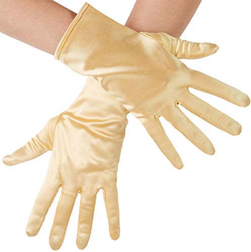 dressforfun 901016 Damen Satin Handschuhe, kurze Satinhandschuhe für Kostüm Fasching Karneval Halloween Hochzeit Fest Party Opera 1920er Accessoires, 23 cm - diverse Farben - (gold | Nr. 303658)