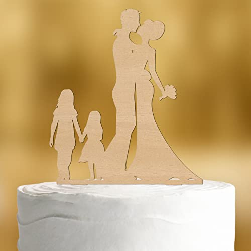 Topper per torta per matrimonio, coppia di sposi con bambini e bambine, decorazione per torte in legno, decorazione per torte di matrimonio, decorazione per torta nuziale, decorazione per torta