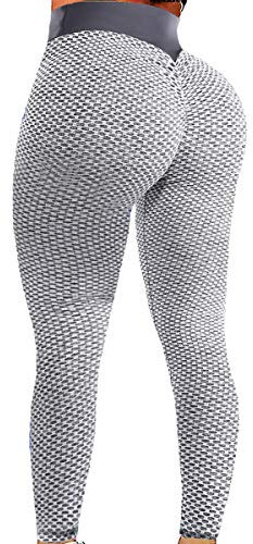 Vaslanda Damen Tiktok Leggings High Waist Yoga Pants Booty Scrunch Leggings Butt Lifting Textured Workout Tights, 3# Jacquard-Mesh-grau, Groß
