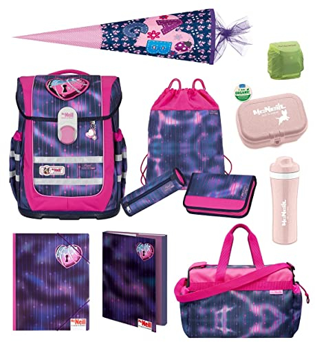 Familando McNeill Schulranzen Mädchen 1. Klasse 12-TLG. Set Ergo Complete Herz-Motiv mit Sporttasche Minnie Maus Schultüte 85cm und Regenschutz | Komplett-Set für die Einschulung