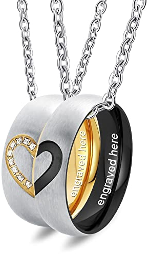 Skcess Paar Halskette Edelstahl, Pärchen Halskette Herz Anhänger 6MM Trauringe Halskette Individualisiert Gravur Damen Gold 50CM Herren Schwarz 60CM