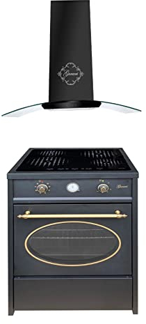 GURARI Herdset GCH E 612 BL r + GCH T 456 60 BL Prime, Retro Induktions Standherd 60 cm, Range Coocker, 60 L, Schwarz + Dunstabzugshaube, Wandhaube, 60 cm, Haube mit Schwarzglaspanel, Abluft/Umluft