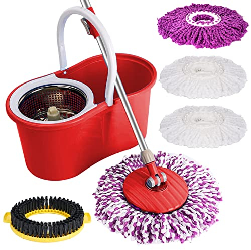 Spin Bucket Mop and Bucket Set 360° Spin Mop Telescopic Handle Floor Mop for Home Cleaning with 4 Reusable Microfiber Pads Wet and Dry (Red)