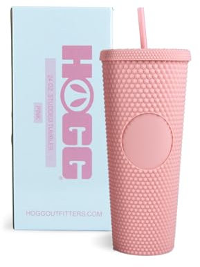 Hogg Trinkbecher mit Nieten und Strohhalm, 680 ml, Hellrosa, wiederverwendbare Eiskaffeetasse, glitzernde Strass-Tasse, Geschenke für Eiskaffee-Liebhaber