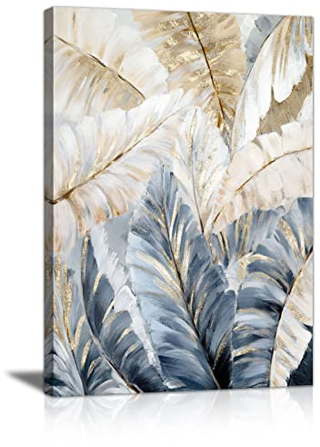 FajerminArt Großes Leinwand Bilder Wandkunst Abstrakte Weiße Goldgraue Feder bild auf Leinwand Bild Modern leinwandbilder Wandbilder XL Kunstdruck Deko für Wohnzimmer Schlafzimmer Badezimmer 50x70cm