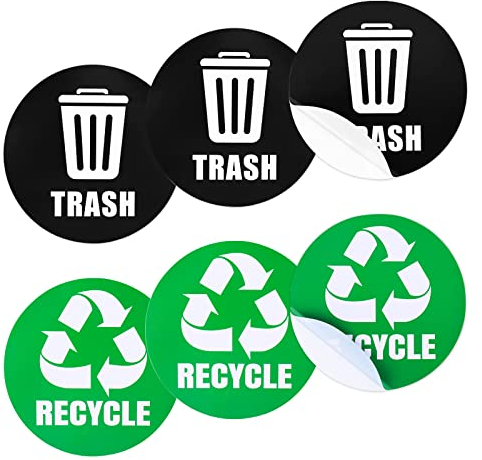 6 Pieces Recycle Sticker for Trash Can, Recycle and Trash Logo Stickers, Organize Trash Waterproof Garbage Sorting Stickers for Indoor & Outdoor Home Kitchen Office Greeen & Black 5 Inches