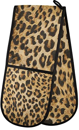Double Oven Glove Leopard Print Heat Resistant Double Ovens Mitt Modern Cooking Gloves Potholders