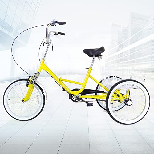 KenSyuInt 20 Zoll Faltbar Dreirad für Erwachsene Klappbar 1-Gang 3-Rad Fahrrad mit Einkaufskorb Erwachsenendreirad Cruiser-Fahrrad Trike Tricycle Bike U-Typ Gelb