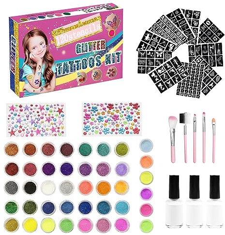 Magrimaxio Glitzer Tattoo Set Kinder, 41 Farben Glitzertattoos Kinder Set Jungen und Mädchen, Kinder Tattoo Hautfreundlich Temporäre Glitzertattoo, für Party Geburtstag Ostern Weihnachten