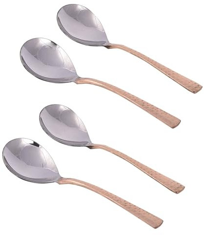 Ajuny Set of 4 Copper & Stainless Steel Serving Spoons - Handcrafted Indian Dinnerware for Buffets & Family Meals - 8 Inch