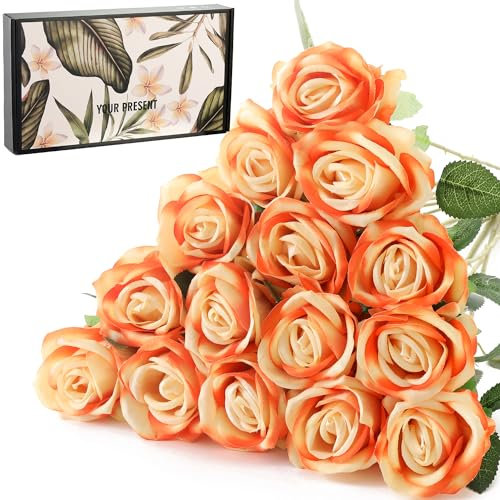 Cloudecor 15 piccole rose finte in velluto, a stelo lungo, fiori artificiali, in seta, per la decorazione della casa e per matrimoni (rose con perle, tramonto)