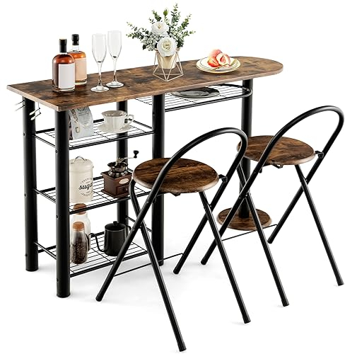 RELAX4LIFE Bartisch Set 3-Teilig, Esstisch mit 2 Klappstühlen&4 Ablagen, Thekentisch mit Metallrahmen, Essgruppe für 2 Personen, Industriedesign, Bistrotisch Set für Esszimmer Bar (Rustikales Braun)