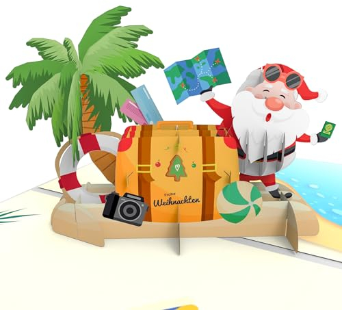 LIMAH® Pop-Up Karte Weihnachten Nikolaus im Urlaub - lustige 3D Weihnachtskarte mit Santa am Strand - Geldgeschenk und Reisegutschein für Winterurlaub mit Umschlag