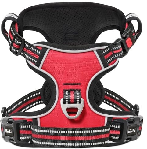 HEELE Hundegeschirr, Brustgeschirre für Hunde, Laufgeschirre Hund mit abschließbarem Schnappverschluss, einstellbare reflektierende Hundegeschirre, Offen am Hals, Anti Zug Dog Harness, Rot, M