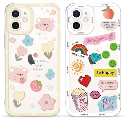 Yoedge 2 Stück Happy Bär Blumen Aesthetic HandyHülle für iPhone 12 Mini Hülle 5,4, Transparent Smile Muster Design Kameraschutz Schutzhülle für iPhone 12 Mini Case Mädchen Frauen Kawaii Cover