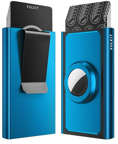 VULKIT Porte Carte Bancaire Automatique RFID Blocage avec Porte-Airtag et Pince à Billets, Porte-Cartes de Crédit en Aluminium Anti-Piratage pour Homme, Bleu