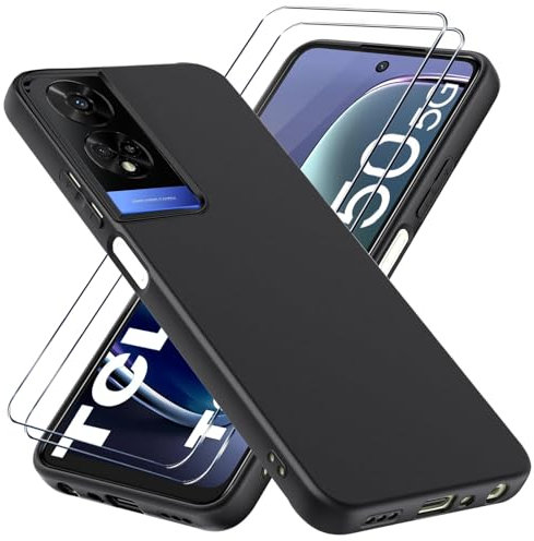 LYJERRY 1Pack de Protection TCL 50 5G Coque Souple Noir + 2Pcs Verre trempé pour TCL 50 5G Portable Antichoc Cover Housse Silicone Étui Film Protecteur
