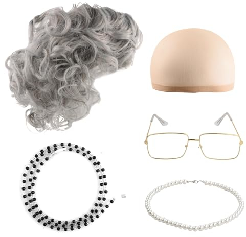 Wisebom Alte Dame Cosplay Set, 5Pcs Oma Kostümzubehör Inklusive Silber Grau Perücke mit Kappen Perlenkette Brille mit Kette, Großmutter Perücke Deko für Mottoparty Fasching Karneval