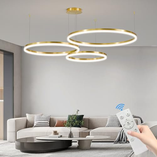 Mikeru Led Pendelleuchte, Gold Wohnzimmerlampe ø40+60+80cm Verstellbare Runde Pendellampe, 85w 3-Ring Kreisförmige Led Hängelampe Mit Memory-Funktion 10%-100% Dimmbarer Kronleuchter Kücheninsel