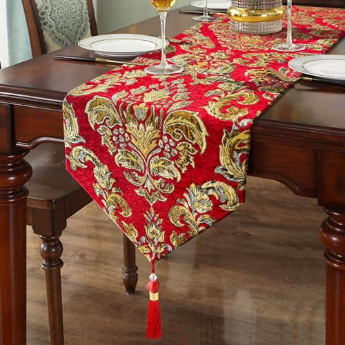 Eleganter Jacquard-Tischläufer, bestickt, 183 cm lang, Chenille mit Quasten, Rot