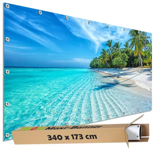 TRIOSK Sichtschutz Garten Dekoration Plane groß mit Motiv Malediven Tropen Insel Palmen Strand Motivbanner Blickdicht für Terrasse Zaun Gartenzaun Gartenposter PVC Zaunblende 340x173 cm