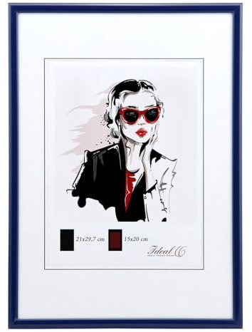 KM FOTO Moderner Glas Bilderrahmen NLS aus Kunststoff Perfekt für Fotos, Poster und Wanddeko Collage Design: Farbe: Blau | Format: 29,7x42 DIN A3