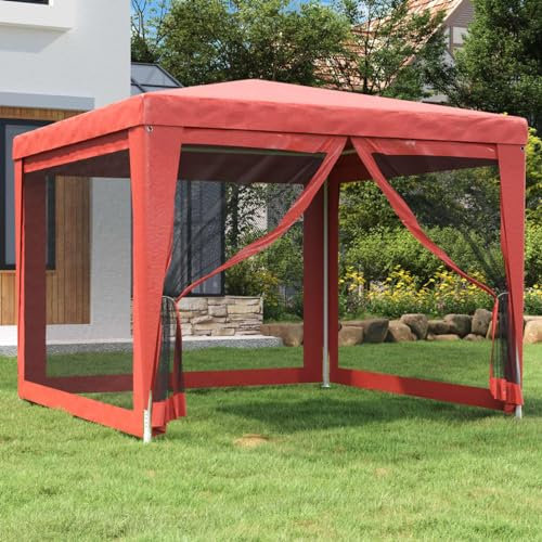 Homgoday Partyzelt mit Seitenwänden aus rotem Netz, 3 x 3 m, HDPE, Gartenpavillon, faltbar, Außenpavillon für Garten, Balkon, Terrasse
