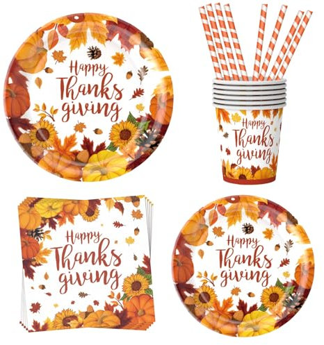 Assugo Thanksgiving party geschirrset, herbstdeko, 50 pcs tischdeko herbst , deko kürbis Ahorn Geschirr Enthält pappteller, Tassen, servietten herbst und Strohhalme für Thanksgiving-Partys