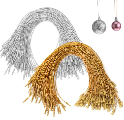 OPUHOHR 200PCS Gold Silver Ornament Hanger String, Christmas Ornament Hooks Pre cut Ropes with Snap Fasteners for Xmas Tree Holiday Party Hanging Decoration