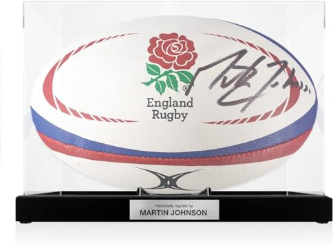 Martin Johnson Signed England Rugby Ball. In Display Case With Plaque