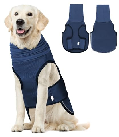 Chaleco para aliviar la ansiedad del perro con orejeras, chaqueta calmante para la ansiedad del perro con tiras reflectantes, abrigo calmante de cuello alto para aliviar el ruido y el estrés (azul