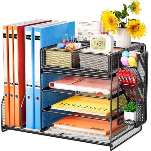 Schreibtisch Organizer mit Aktenhalter – 5-Tier Briefablage Ablagefächer mit Schublade, 4 Stifthalter, Schreibtisch-Aufbewahrung, Zeitschriftenhalter für Bürobedarf, Dokumentenaufbewahrung (schwarz)