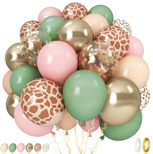 Pink Jungle Safari Balloons, 60PCS Sage Green Pastel Pink Gold Balloon, Light Pink Cream Beige Balloon with Animal Print for Girls Birthday Baby Shower Wild One Giraffe Party Decorations Supplies