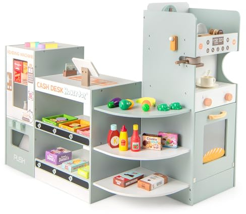 COSTWAY Mercato Giocattolo per Bambini, Negozio Giocattolo in Legno (Grigio)