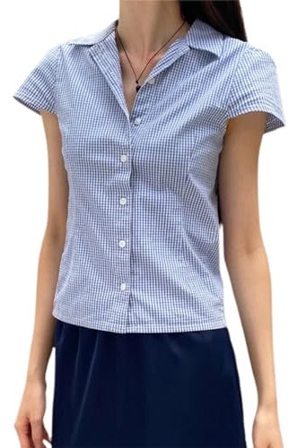 YILEEGOO Women's Basic Button Down Shirts Cap Sleeve Lapel Collar Tight Blouse Tie Up Back Slim Fit Tops Summer Office Shirt (Z2-Sky Blue, M)
