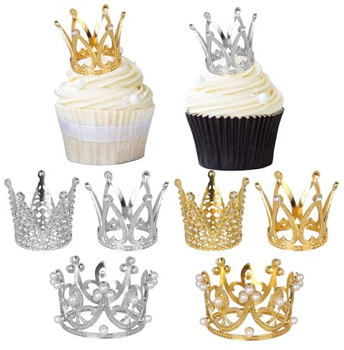 Xsstarmi 6 Pack Small Crown Cake Topper 3D Mini Rhinestone Crown Cake Pick for Queen Princess Girls Kids Birthday Party Cake Decorations Supplies Gold Silver