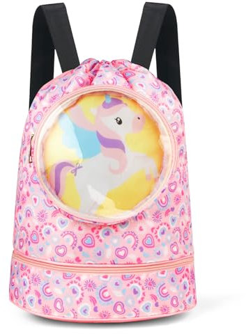 Alaoo Zaino con Coulisse Bambini, Sacca Sportiva per Bambini Impermeabile, Borsa da Nuoto asciutta e bagnata, Ragazzi e Ragazze, Adatto per Sport, Viaggi, Scuola, Nuoto(Unicorno)