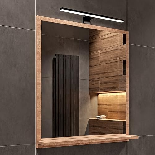 HAJDUK FURNITURE Sonoma Badspiegel mit Beleuchtung 4000 K IP44 H:70 x B: 60 cm - Bathroom Mirror - Moderner Badezimmer Spiegel Rechteckig mit Ablage und Schwarz LED - Wandspiegel mit Regal