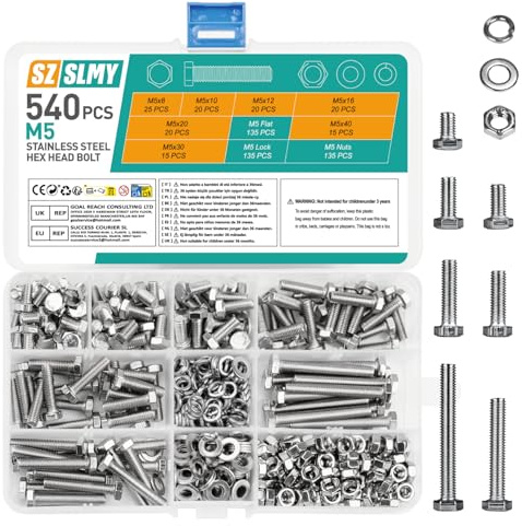 540 Stk Sechskantschrauben Muttern Set, M5 Schrauben Set, Edelstahl Gewindeschrauben, Maschinenschrauben Sortiment, Fahrrad Schrauben und Muttern mit Unterlegscheiben für Auto Möbel