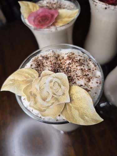 Anglesit Pre-Cut Shimmery Golden Roses Edible Wafer Flower Cupcake Toppers Gold Sparkly Rice Paper Cake Decorations Birthday Wedding Party Celebration (Gold Roses & Leaves)