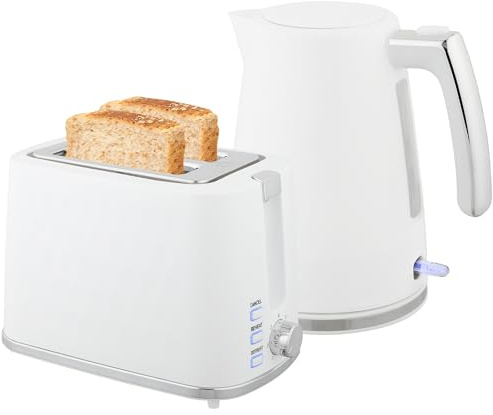 HOMCOM Ensemble bouilloire et grille-pain en acier 2200 W et 1,7 L, bouilloire à thermostat Otter, filtre anticalcaire, grille-pain 2 tranches, 7 niveaux de brunissage et plateau à miettes, blanc